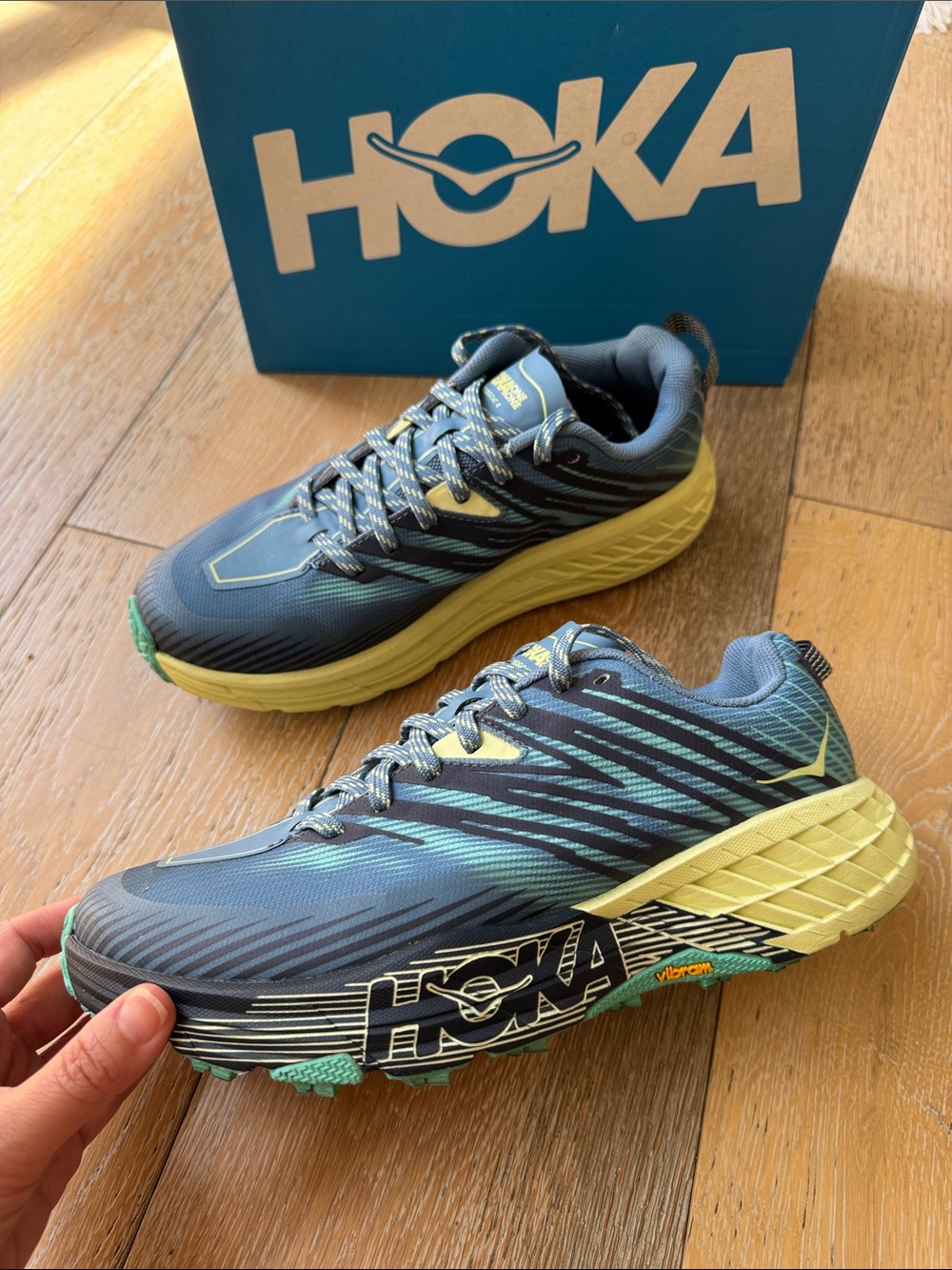 HOKA Speedgoat 4 Wide Trail Running Shoes Blue Green Vibram Women’s 8.5 Wide